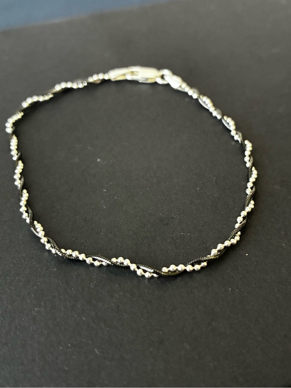 Sterling Silver 925/ Black and silver Rope Bracelet 7.5” 1.9mm